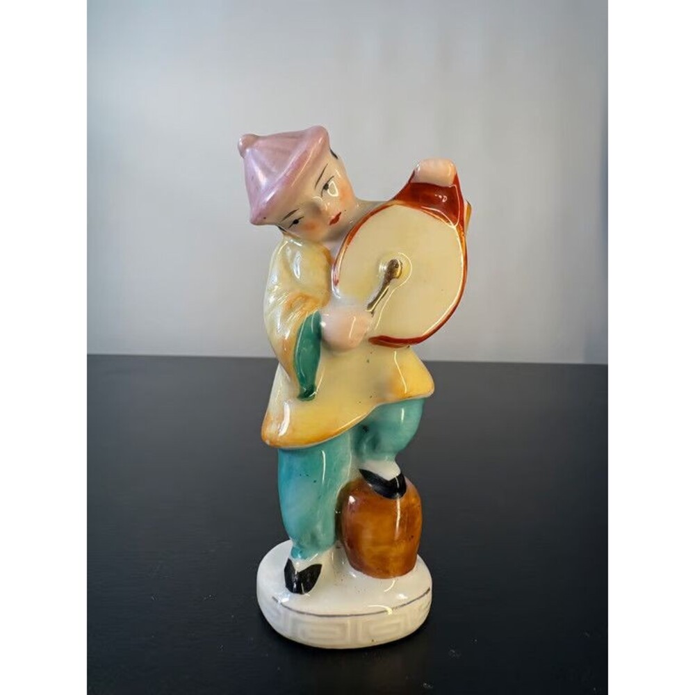 Occupied Japan Musician Drum Figurine Hand Painted Ceramic 4.25 in Vintage